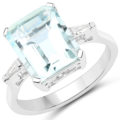 Rings-4.52 Carat Genuine Aquamarine and White Diamond 14K White Gold Ring