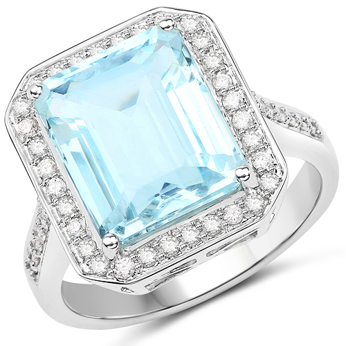 Rings-5.39 Carat Genuine Aquamarine and White Diamond 14K White Gold Ring