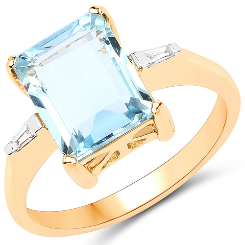 Rings-2.92 Carat Genuine Aquamarine and White Diamond 14K Yellow Gold Ring