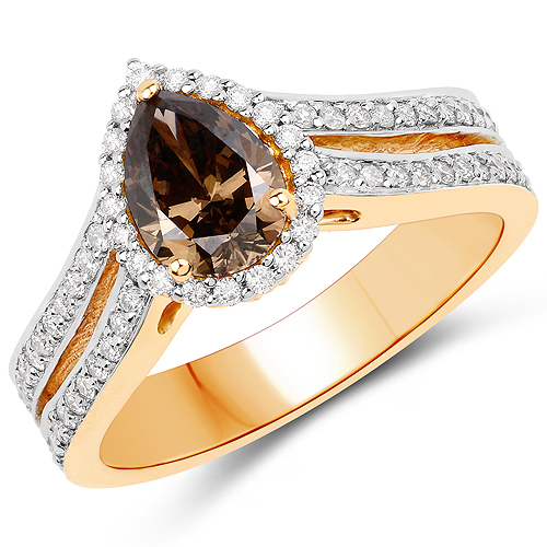 Diamond-1.38 Carat Genuine Chocolate Brown Diamond and White Diamond 18K Yellow Gold Ring