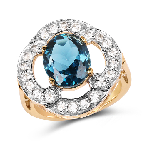 Rings-14K Yellow Gold Plated 5.13 Carat Genuine London Blue Topaz & White Topaz .925 Sterling Silver Ring
