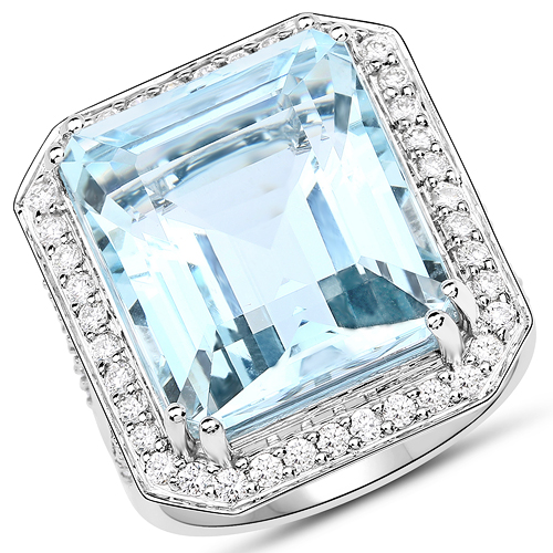 Rings-16.85 Carat Genuine Aquamarine and White Diamond 14K White Gold Ring