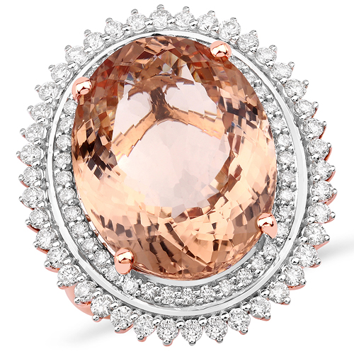 15.84 Carat Genuine Morganite and White Diamond 14K Rose Gold Ring