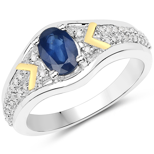 Sapphire-1.07 Carat Genuine Blue Sapphire and White Diamond 14K Yellow Gold with .925 Sterling Silver Ring