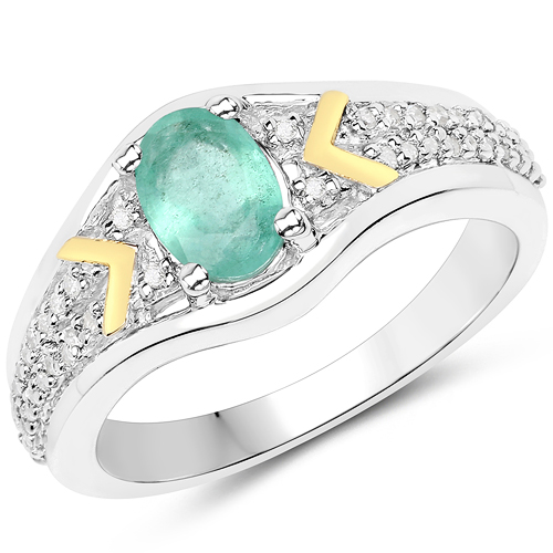 Emerald-0.84 Carat Genuine Zambian Emerald and White Diamond 14K Yellow Gold with .925 Sterling Silver Ring