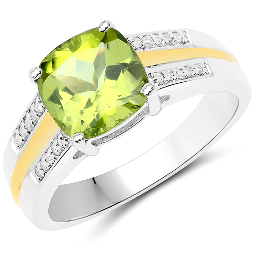 2.20 Carat Genuine Peridot and White Diamond 14K Yellow Gold with .925 Sterling Silver Ring