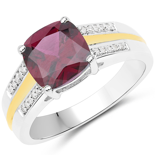 Rhodolite-2.30 Carat Genuine Rhodolite and White Diamond 14K Yellow Gold with .925 Sterling Silver Ring
