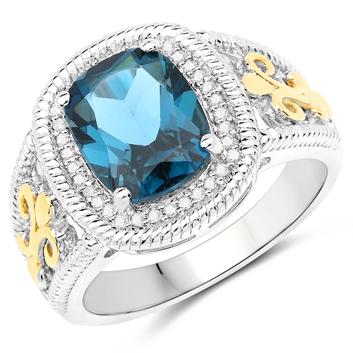 Rings-3.59 Carat Genuine London Blue Topaz and White Diamond 14K Yellow Gold with .925 Sterling Silver Ring