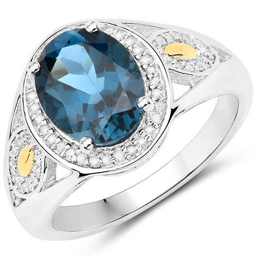 Rings-2.70 Carat Genuine London Blue Topaz and White Diamond 14K Yellow Gold with .925 Sterling Silver Ring
