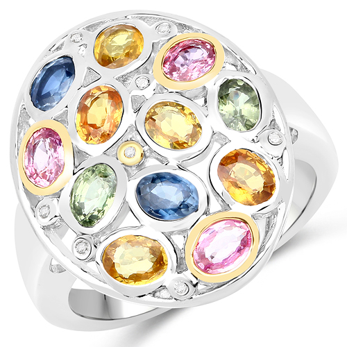 Sapphire-2.42 Carat Genuine Multi Sapphire 14K Yellow Gold with .925 Sterling Silver Ring