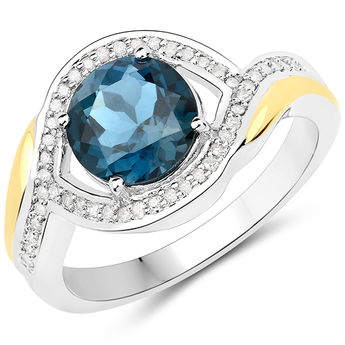 Rings-2.38 Carat Genuine London Blue Topaz and White Diamond 14K Yellow Gold with .925 Sterling Silver Ring