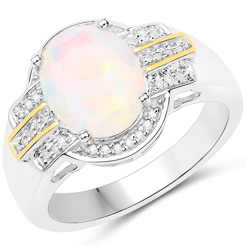 Opal-1.65 Carat Genuine Ethiopian Opal and White Diamond 14K Yellow Gold with .925 Sterling Silver Ring