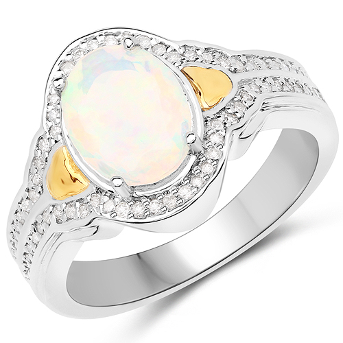 Opal-1.00 Carat Genuine Ethiopian Opal and White Diamond 14K Yellow Gold with .925 Sterling Silver Ring