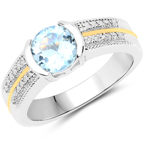 Rings-1.37 Carat Genuine Aquamarine and White Diamond 14K Yellow Gold with .925 Sterling Silver Ring