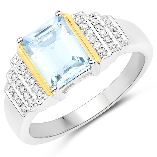 Rings-1.40 Carat Genuine Aquamarine and White Diamond 14K Yellow Gold with .925 Sterling Silver Ring