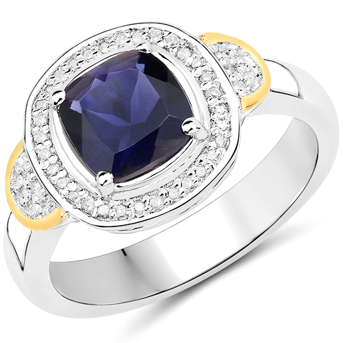 Rings-1.01 Carat Genuine Iolite and White Diamond 14K Yellow Gold with .925 Sterling Silver Ring