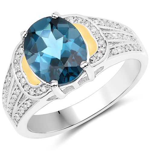 Rings-2.71 Carat Genuine London Blue Topaz and White Diamond 14K Yellow Gold with .925 Sterling Silver Ring