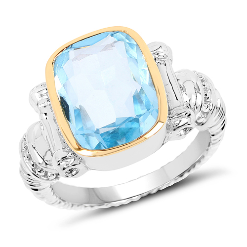 Rings-Two Tone Plated 7.03 Carat Genuine Blue Topaz & White Topaz .925 Sterling Silver Ring