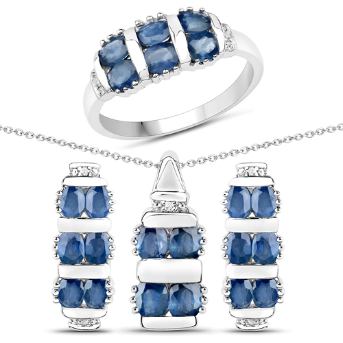 4.43 Carat Genuine Blue Sapphire and White Topaz .925 Sterling Silver 3 Piece Jewelry Set (Ring, Earrings, and Pendant w/ Chain)