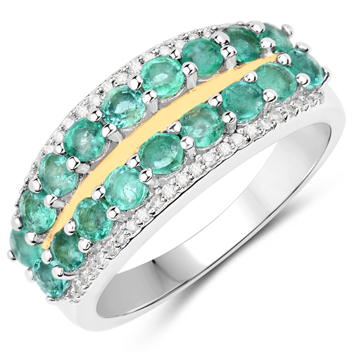 Emerald-1.39 Carat Genuine Zambian Emerald and White Diamond .925 Sterling Silver Ring