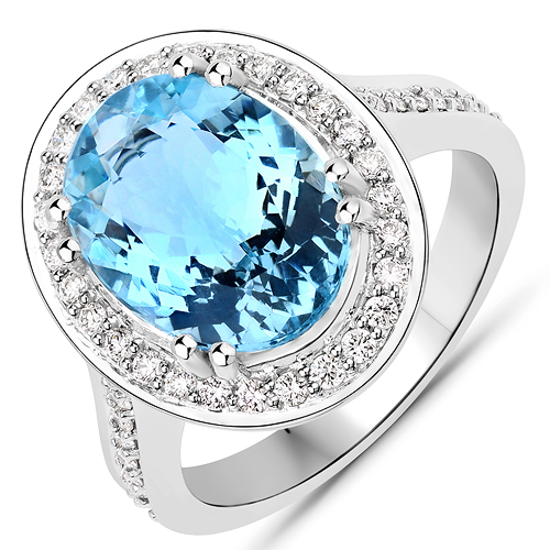 Rings-4.24 Carat Genuine Aquamarine and White Diamond 14K White Gold Ring