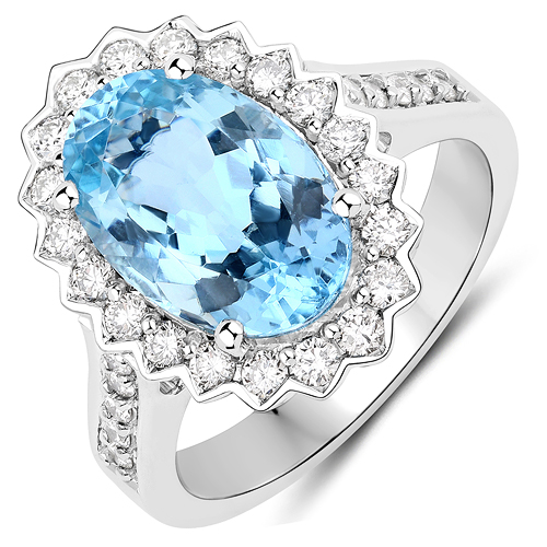 Rings-4.94 Carat Genuine Aquamarine and White Diamond 14K White Gold Ring