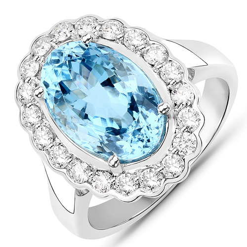 5.25 Carat Genuine Aquamarine and White Diamond 14K White Gold Ring