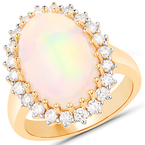 Opal-6.91 Carat Genuine Ethiopian Opal and White Diamond 14K Yellow Gold Ring