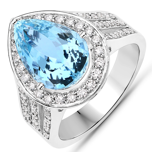 Rings-5.84 Carat Genuine Aquamarine and White Diamond 14K White Gold Ring