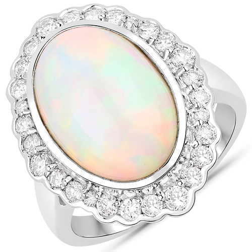 Opal-6.38 Carat Genuine Ethiopian Opal and White Diamond 14K White Gold Ring