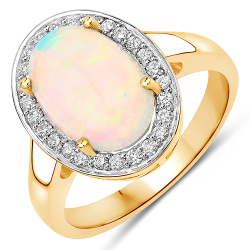 Opal-2.44 Carat Genuine Ethiopian Opal and White Diamond 14K Yellow Gold Ring
