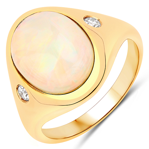 Opal-3.03 Carat Genuine Ethiopian Opal and White Diamond 14K Yellow Gold Ring