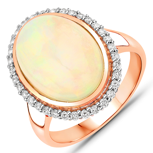 Opal-5.08 Carat Genuine Ethiopian Opal and White Diamond 14K Rose Gold Ring