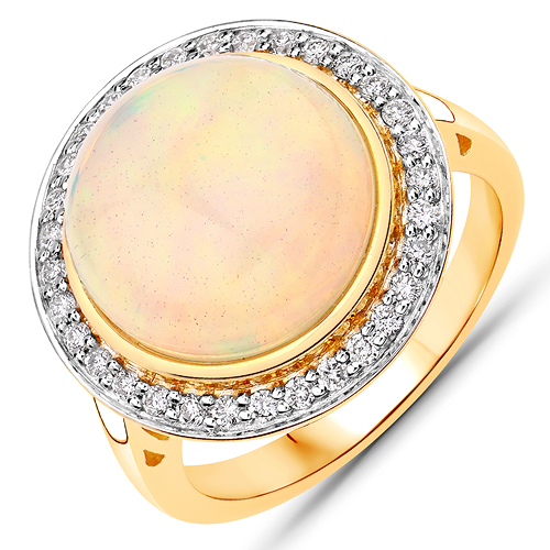 Opal-7.16 Carat Genuine Ethiopian Opal and White Diamond 14K Yellow Gold Ring