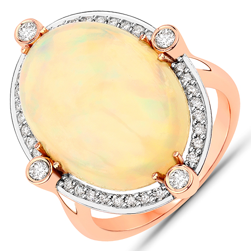8.68 Carat Genuine Ethiopian Opal and White Diamond 14K Rose Gold Ring
