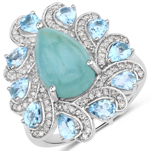 Rings-5.23 Carat Genuine Aquamarine and White Diamond .925 Sterling Silver Ring