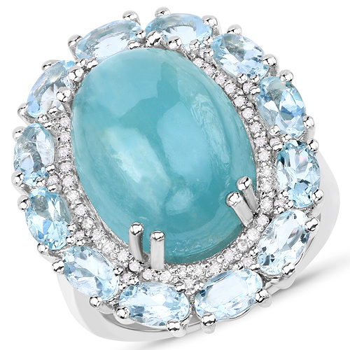 Rings-14.44 Carat Genuine Aquamarine and White Diamond .925 Sterling Silver Ring