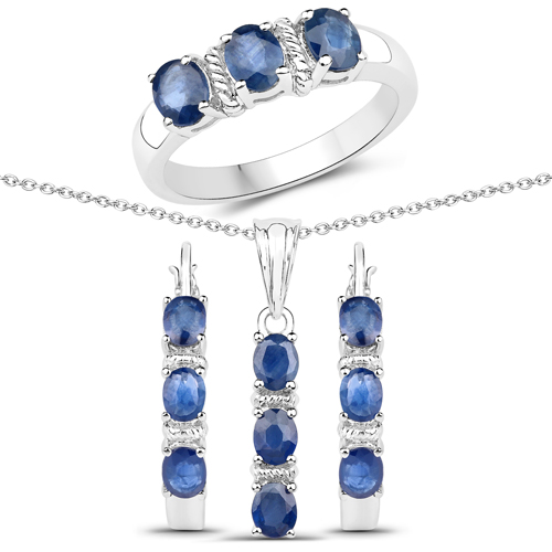 4.08 Carat Genuine Blue Sapphire .925 Sterling Silver 3 Piece Jewelry Set (Ring, Earrings, and Pendant w/ Chain)