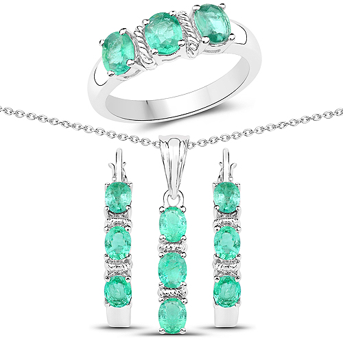 Jewelry Sets-3.60 Carat Genuine Zambian Emerald .925 Sterling Silver 3 Piece Jewelry Set (Ring, Earrings, and Pendant w/ Chain)