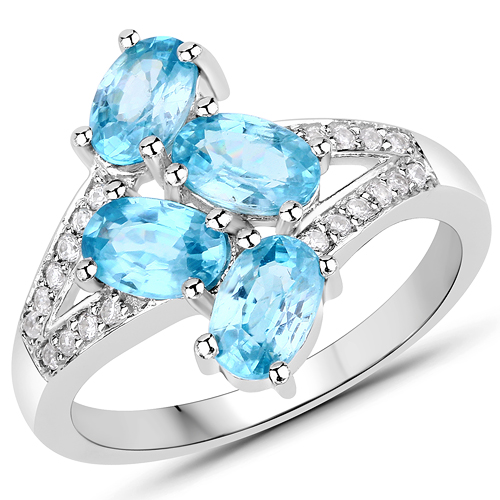 Rings-2.46 Carat Genuine Blue Zircon and White Zircon .925 Sterling Silver Ring