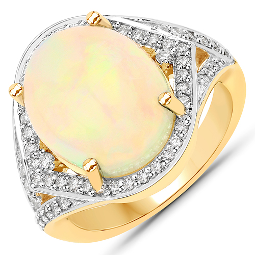 Opal-6.10 Carat Genuine Ethiopian Opal and White Diamond 14K Yellow Gold Ring