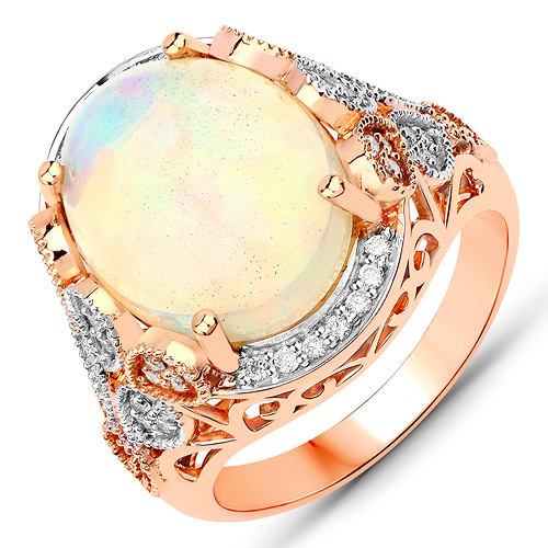 Opal-4.98 Carat Genuine Ethiopian Opal and White Diamond 14K Rose Gold Ring