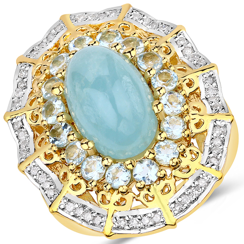 Rings-5.54 Carat Genuine Aquamarine and White Diamond .925 Sterling Silver Ring