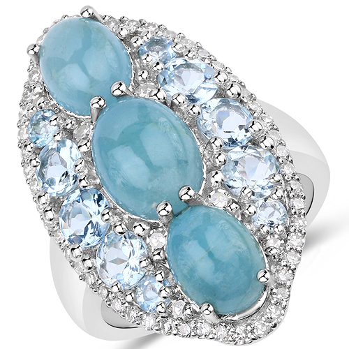 Rings-7.19 Carat Genuine Aquamarine and White Diamond .925 Sterling Silver Ring