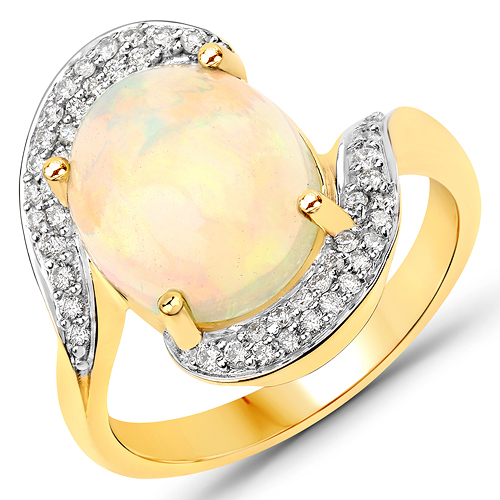 3.15 Carat Genuine Ethiopian Opal and White Diamond 14K Yellow Gold Ring