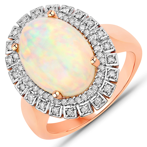 Opal-3.57 Carat Genuine Ethiopian Opal and White Diamond 14K Rose Gold Ring