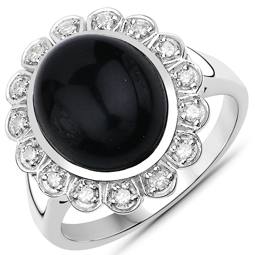 Rings-4.79 Carat Genuine Black Onyx and White Diamond .925 Sterling Silver Ring