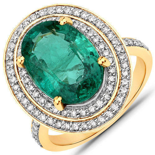 Emerald-5.82 Carat Genuine Zambian Emerald and White Diamond 18K Yellow Gold Ring
