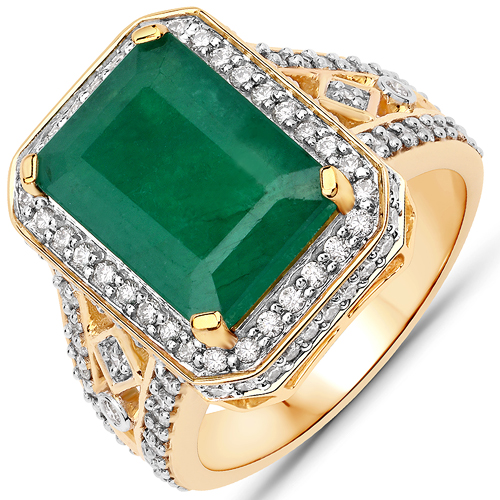 Emerald-5.39 Carat Genuine Brazilian Emerald and White Diamond 14K Yellow Gold Ring