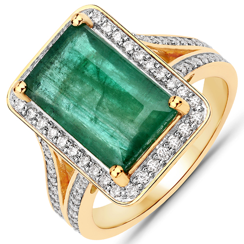 Emerald-4.95 Carat Genuine Brazilian Emerald and White Diamond 14K Yellow Gold Ring